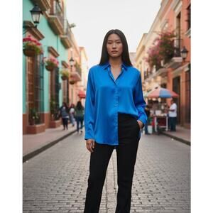 NWT Endless Rose Satin Long Sleeve Button Up Shirt Women's Large Blue Chic Glam